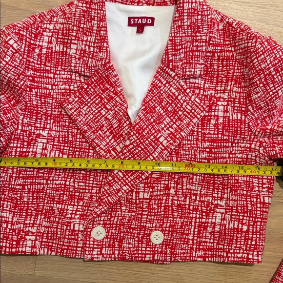 STAUD Textured Red and White Cropped Blazer - Picture 6 of 9